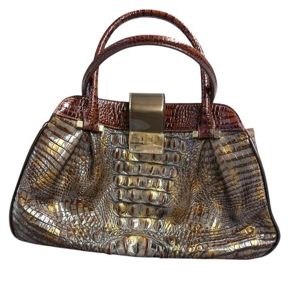 Brahmin Pecan Crocodile Embossed Leather Dual Handle Shoulder Bag Dr Satchel Vtg - Picture 5 of 9